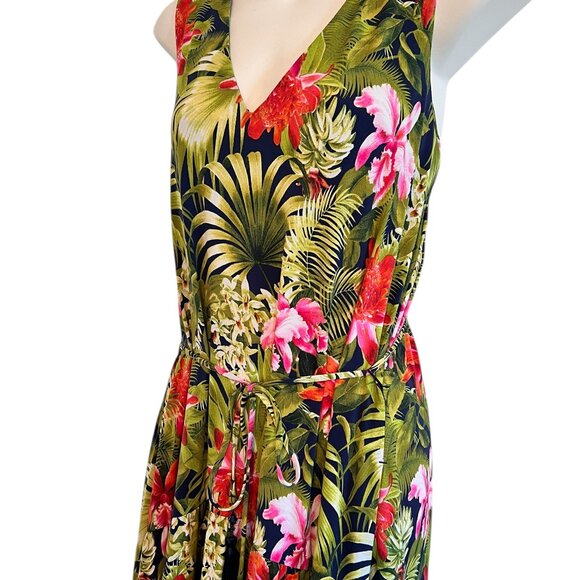 TOMMY BAHAMA Tropical Floral Print Sleeveless V-Neck Hi-Lo Maxi Dress Size M-L - Picture 3 of 9